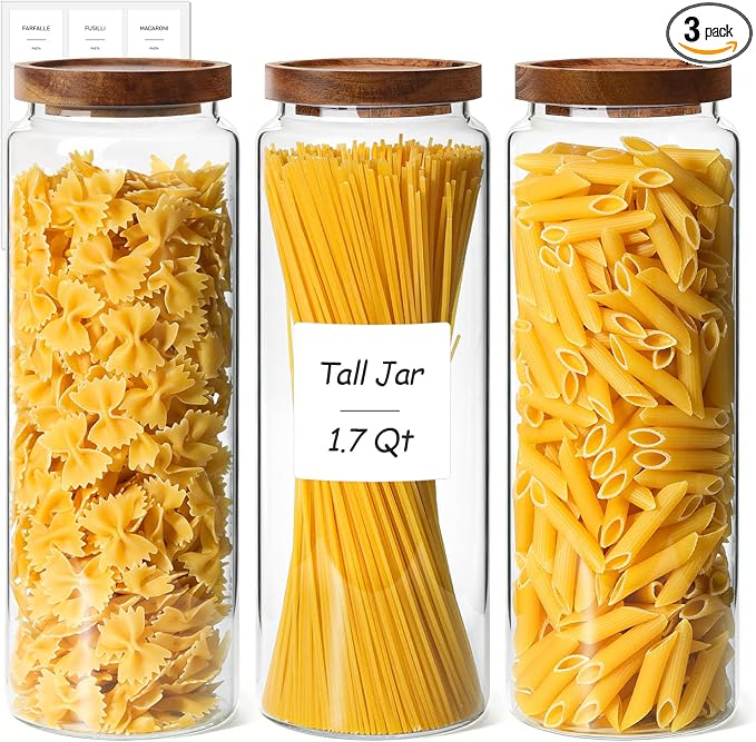 ComSaf Glass Pasta Storage Containers with Acacia Wood Lids 1.7Qt 3Pack | 11.3in Tall jar, for Cooks, Spaghetti Pasta Oats Cereal Beans, Kitchen Pantry Cabinet, Long Canisters with Labels, Durable