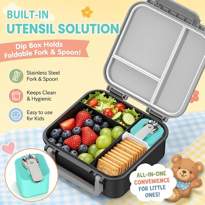 Bento Box for Kids with Food Thermo,Leak-proof Lunch Container | 4 Compartment Kids Lunch Box,9oz Insulated Hot Food Jar,Built-in Utensil for Boys Girls Toddler to School Travel-Black Gray