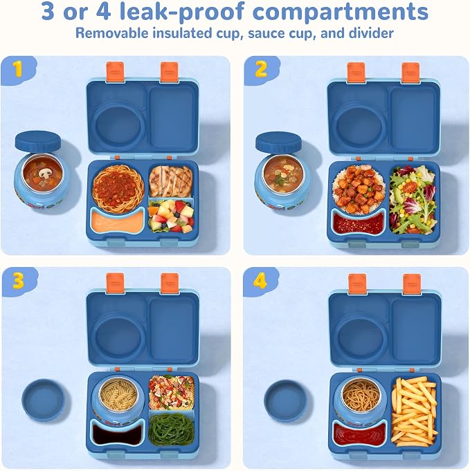 Bento Box for Kids, Leakproof Kids Lunch Box with 8.5OZ Thermo Food Jar & Lunch Bag, 3-4 Compartments Toddler Insulated Lunch Box for Boys, BPA Free Lunch Containers for School Daycare