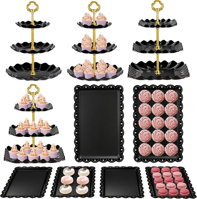 Kootek 10pcs Cupcake Stand Dessert Table Display Set Serving Tray for Party | 3-Tier Cupcake Stand, 6 Rectangular Trays, Hold 128 Standard Cupcakes, Cookie Display, BPA-Free, No Tools Required, Hand Wash