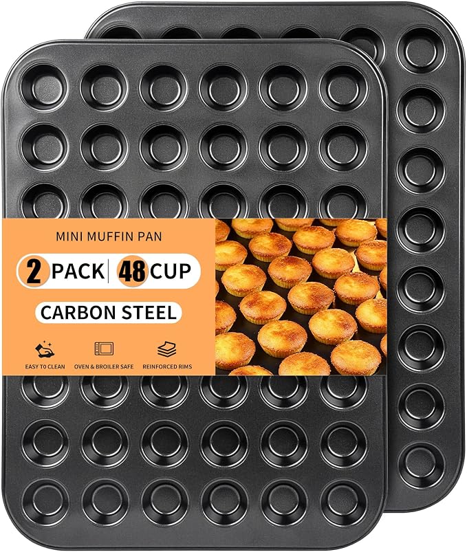 2 Pack × 48 Cup 4/6/12/24 Cups Heavy Duty Steel Nonstick Mini Muffin Pan, Black 48 Mini Small Tiny Cups, Cupcake Baking Pan Molds for Dishwasher Oven