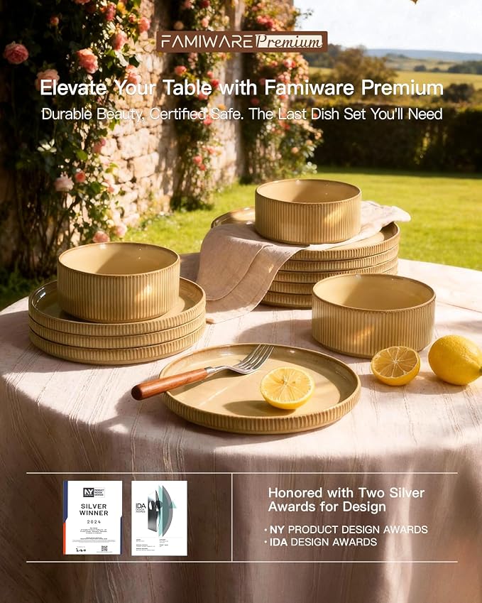 Stoneware Dinnerware Sets, Reactive Glaze Dishes Set for 8 | 24-Piece Handmade Ceramic Plates and Bowls, Microwave and Dishwasher Safe, Chip and Scratch Resistant, Modern Rustic, Cream