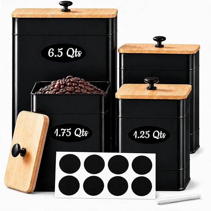 Kitchen Canister Set of 4, Black Airtight Metal Flour Sugar Containers | Flat Bamboo Lids, Reusable Labels & Marker, Wide Openings, Coffee Tea Containers, Kitchen Countertop and Pantry Organized