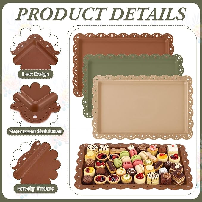 6 Pcs Brown and Sage Green Serving Trays Plastic Platters Dessert Cupcake Holder Party Supplies 14.4 x 9.3 Inches Rectangular Cookie Snack Display Tray for Wedding Restaurant