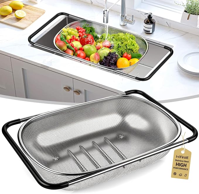 FirstE Stainless Steel Over the Sink Colander Strainer Basket 6 Quart | Fine Mesh Colander with Expandable Anti-slip Rubber Grip Handles, Kitchen Vegetable Strainer for Drain Pasta, Rinse Fruits