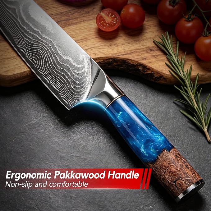 Damascus High Carbon Chefs Knife Ergonomic Handle(8In,BlueResin) | Japanese 67 Layers High Carbon Steel, Professional High-Class Ultra Sharp Cooking Knives Family & Restaurant, Gift Box
