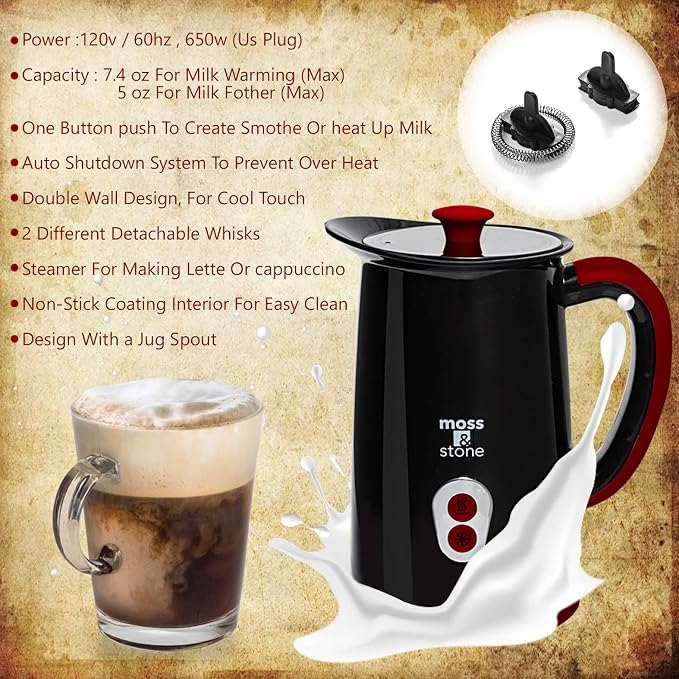 Moss & Stone Electric Milk Frother, Stainless Steel Milk Steamer & Milk Warmer, Automatic Shutoff, Non-Stick Interior, Cool Touch, 9.4 oz/6.0oz Capacity, Black Electric Frother for Hot Chocolate