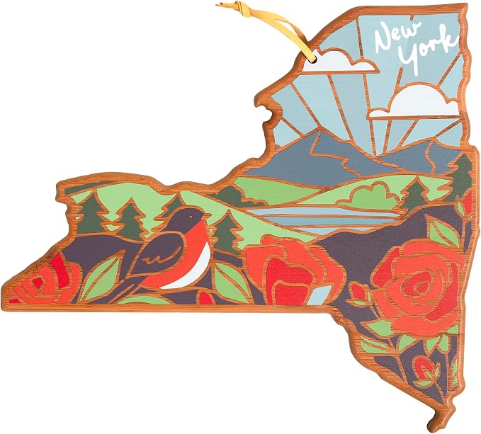 Totally Bamboo New York State Shaped Cutting Board, Summer Stokes Art | State charcuterie board with colorful hand-drawn landscape art. Smooth reverse side for food prep. Hang tie for wall display.