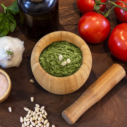 TB Essentials Bamboo Mortar and Pestle Set, 6.75 Ounce Capacity, Perfect for Guacamole, Pesto, Salad Dressing and More