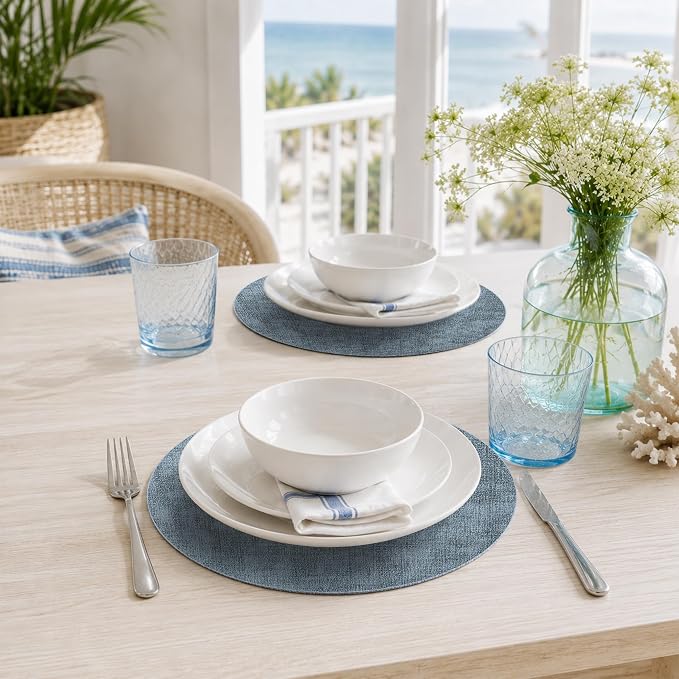 Maxpearl Faux Leather Round Placemats Set of 6, 13.8 inch, Blue | Waterproof, Heat Resistant, Non Slip, Wipe Clean Dining Table Place Mats, Suitable for Indoor & Outdoor Use, Table Settings