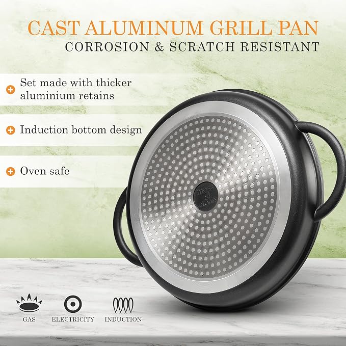 Moss & Stone 12" Grill Pan for Indoor Cooking, Nonstick Pan with Glass Lid | Aluminum Griddle Pan for Stove Top & Induction, Glass Lid, Silicone Handles, Dishwasher & Oven Safe, PFOA Free