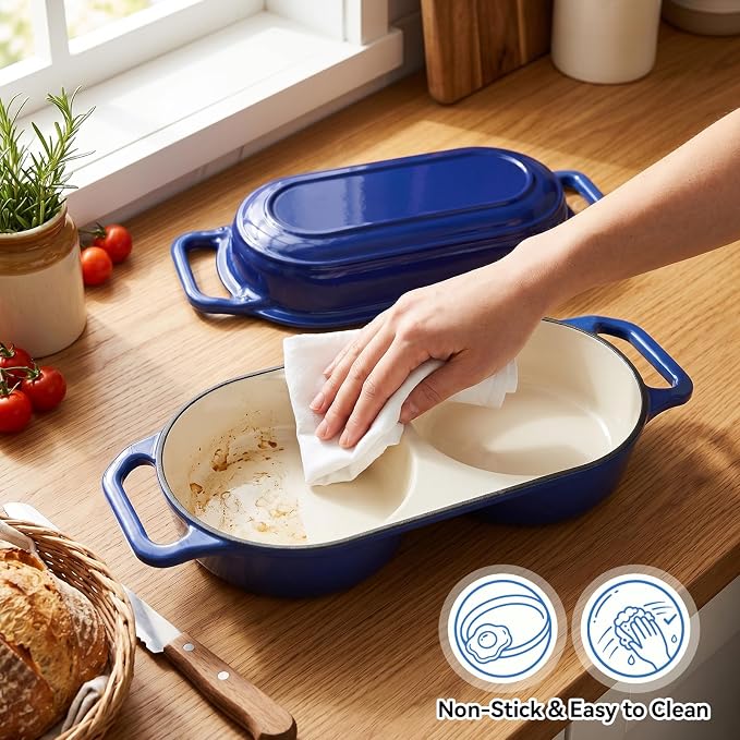 Double Dutch Oven Pot with Lid, 2.2QT Enameled Cast Iron Bread Loaf Pan, Mini Dutch Oven For Sourdough Bread Baking, 500°F Oven Safe Non Stick Dual Round Bread Pan, Bread Oven, 16.5cm Diameter, Blue