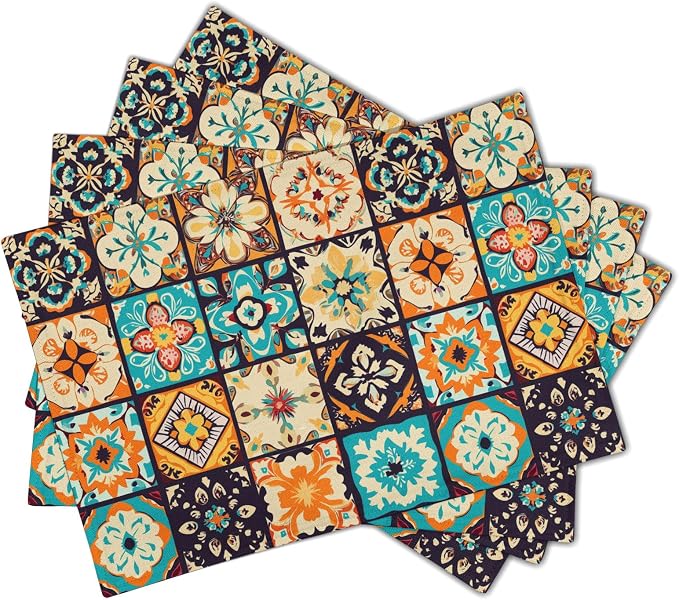 Boho Floral Placemats Set of 4, Retro Flower Geometric Place Mat Bohemian Floral Cloth Tablemats Non-Slip Washable Tabletop Mat 12x18 Inch for Indoor Outdoor Dining Party Table Decor