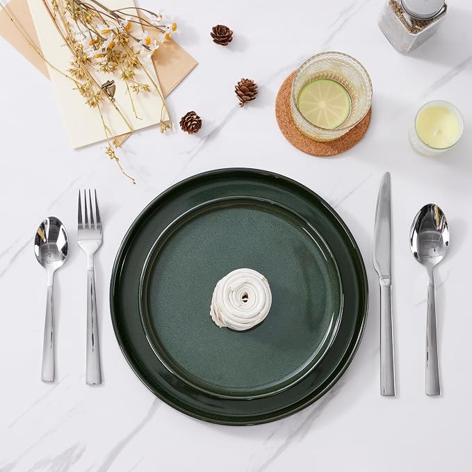 LIANYU Dinnerware Dishes Sets for 8, 24 Piece Plates and Bowls Dishware | Stoneware Modern Tableware Includes Ceramic Dinner Salad Plates, Cereal Bowls, Chip & Scratch Resistant, Hunter Green