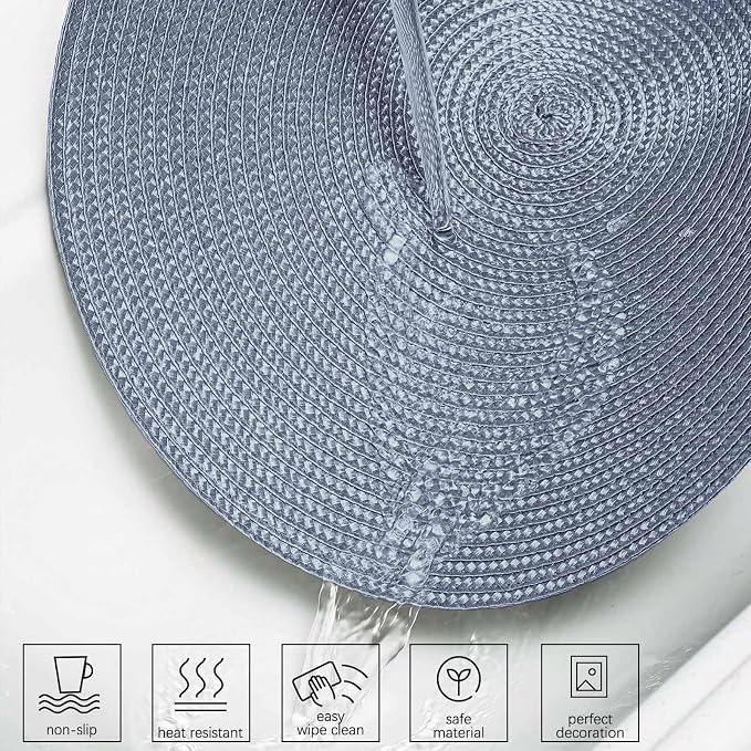 AHHFSMEI Round Placemats Set of 4 Heat Resistant Washable Non-Slip Woven Braided Table Mats for Dining Table Kitchen & Home Decor (Light Blue,4)