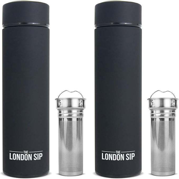 the London Sip Multi-Purpose Travel Mug and Tumbler Fruit Infused Flask Hot and Cold Double Wall Stainless Steel Thermos with Extra-Long Infuser, Zen Black, Pack of 2
