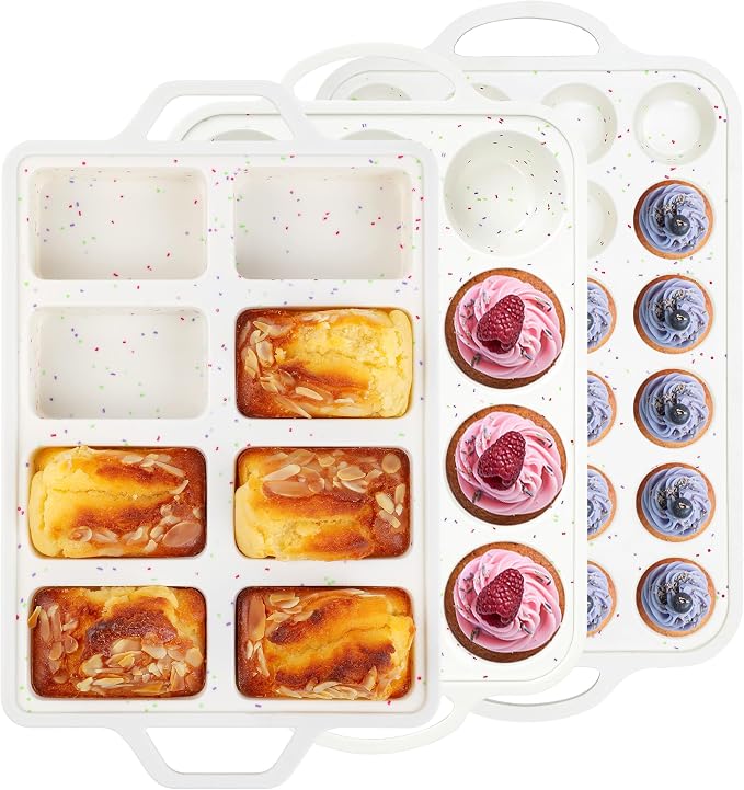 3 Pcs Silicone Baking Pan Set, Cream | Metal Reinforced Frame, Mini Loaf Pan, Standard Muffin Pan, Mini Muffin Pan