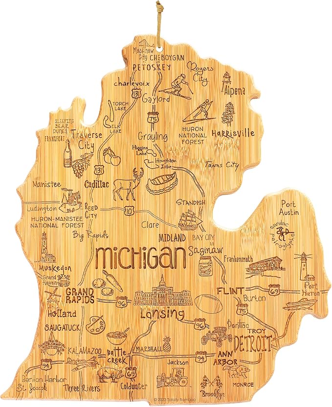 Totally Bamboo Destination Michigan Mitten Shaped Cutting Board | Michigan mitten charcuterie serving board. Engraved map art. Smooth reverse side for food prep. Hang tie for wall display.
