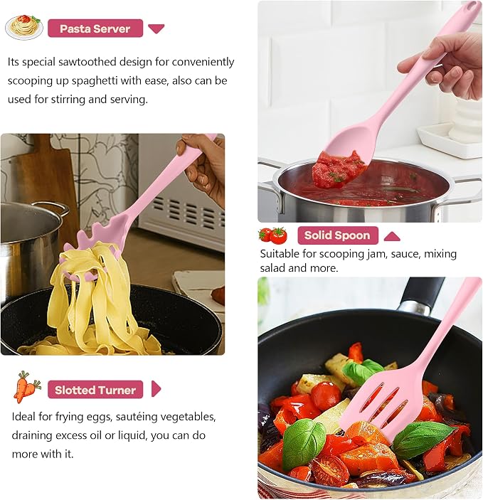TeamFar Silicone Cooking Utensils, 10 pcs Kitchen Cooking Utensils Set | Heat Resistant Kitchen Gadgets Tools Set w/Spatula, Turners, Spoons, Soup Ladle, Pasta Server for Nonstick Cookware, Pink