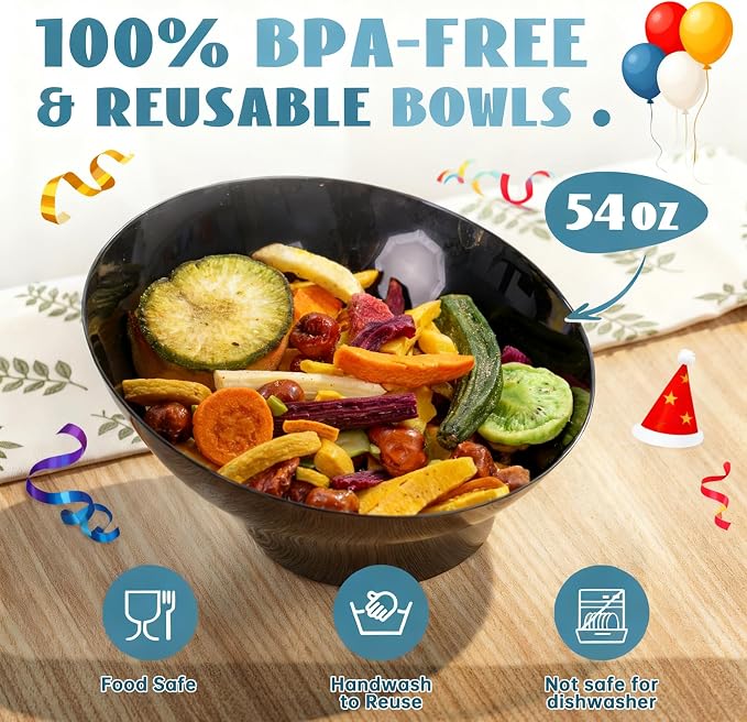16Pcs 20oz Black Plastic Serving Bowls Angled for Wedding,Party | Black Plastic Serving Disposable Bowls Angled Table Salad and Fruit Bowls for Chip,Candy - Ideal for Party,Daily use