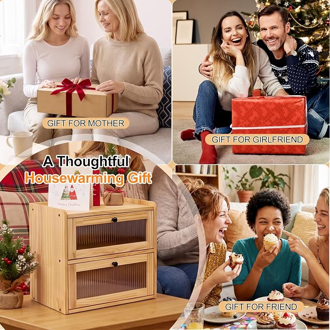 Alpeir Wooden Bread Box for Kitchen Countertop, Large Double Layer, Nature | Food-Safe Pine Wood, Double-Row Ventilation, Strong Acrylic Window, Raised Top Shelf, Easy Care, Farmhouse Corner Container