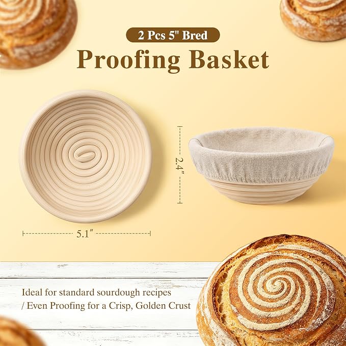 Dutch Oven for Sourdough Bread Baking - Enameled Cast Iron Dutch Oven Pot with Lid and 5" Banneton Bread Proofing Basket & Cotton Potholders, Dual Round Bread Loaf Pan for Homemade Bread, Meatloaf, Cake– (Cream White)