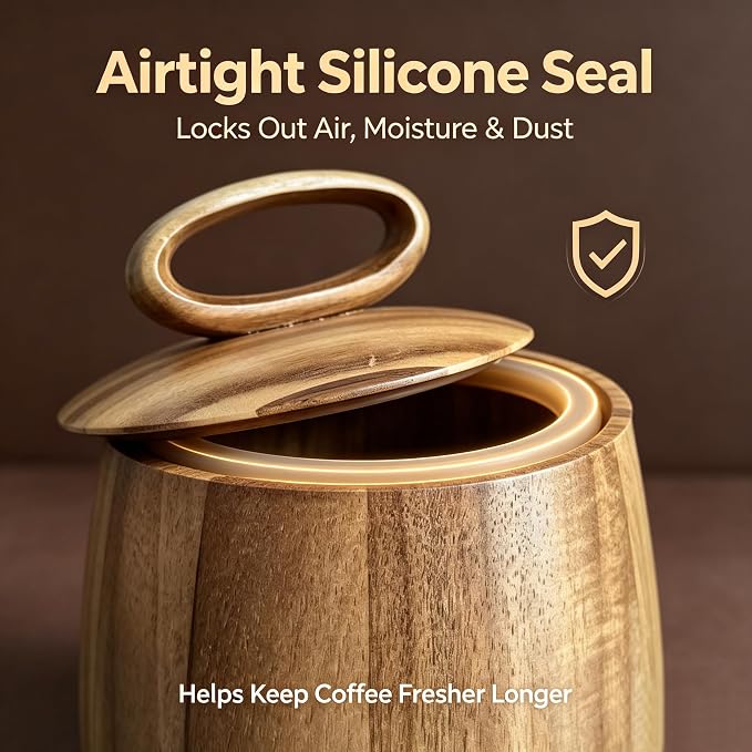 All-Wood Coffee Bean Canister – 98oz Jar with Airtight Silicone Seal & Gift Box – Coffee Storage, Countertop Decor