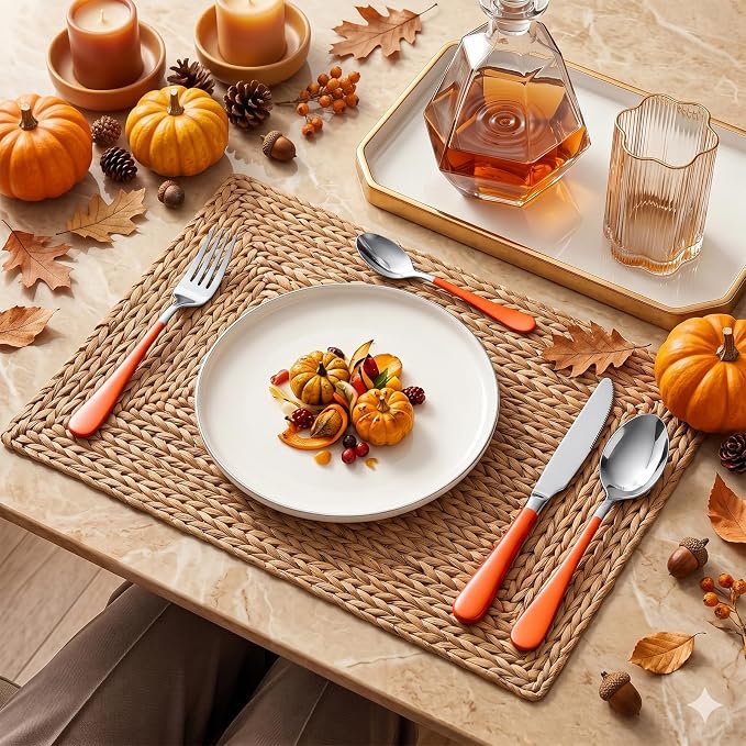 Orange Silverware Set with Holder for 6-24 Piece Stainless Steel Flatware Set with Spoons, Forks, Knives, Heavy Duty Mirror Polished Cutlery Set for Home, Kitchen, Restaurant