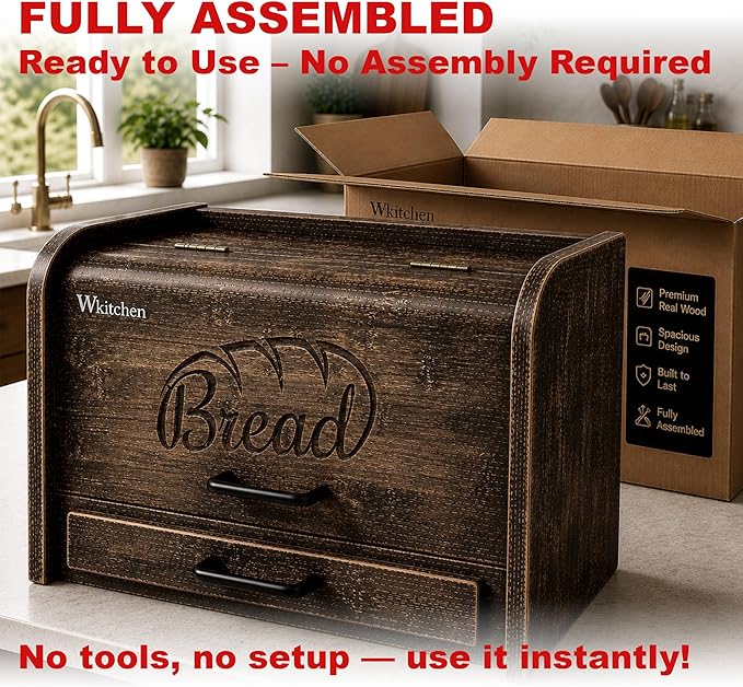 KNIFEPLANET Premium FULLY ASSEMBLED Rustic Bread Box – Extra Large Real Wood Bread Box for Kitchen Countertop Storage, Thick Durable Construction, Double Layer Design (17.5" x 10" x 12")