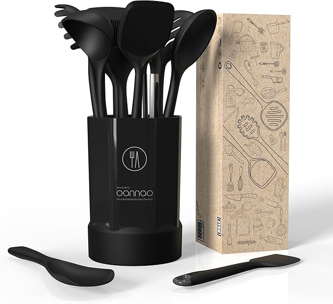 Silicone Kitchen Utensils Set,Utensils Sets for Cooking,Dishwasher Safe | Seamless Spatula Set,Nonstick Cookware, BPA-Free,Heat Resistant up to 600°F, House warming Gift,Black