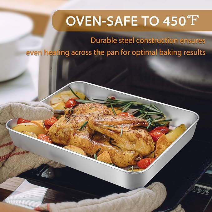 E-far Baking Pans Set of 3, Stainless Steel Sheet Cake Pan for Oven | 12.5/10.5/9.4Inch, Rectangle Bakeware Set for Cake Lasagna Brownie Casserole Cookie, Non-toxic & Healthy, Dishwasher Safe