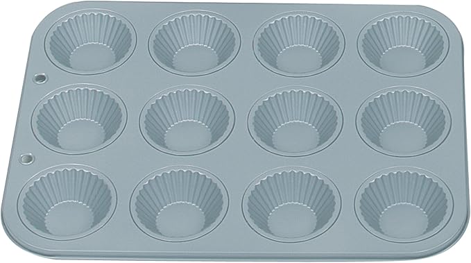 Fox Run Ribbed Tart Pan, 12-Cup, Preferred Non-Stick, 10.5 x 14 x 1 inches | Food Safe Nonstick For Easy Release & Cleaning | Make 12 Mini Fluted Tarts At Once | Great For Quiches, Cakes & Muffins