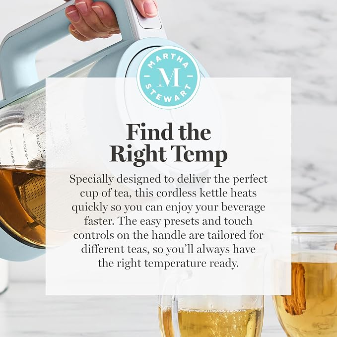 Martha Stewart 1.7L Glass Carafe Electric Kettle with Removable Tea Infuser | 7 Cups, 4 Presets, Rapid Boiling, Stainless Steel Tea Leaf Infuser, Cordless Swivel Base, Keep Warm, Auto Shut-Off, Sky Blue