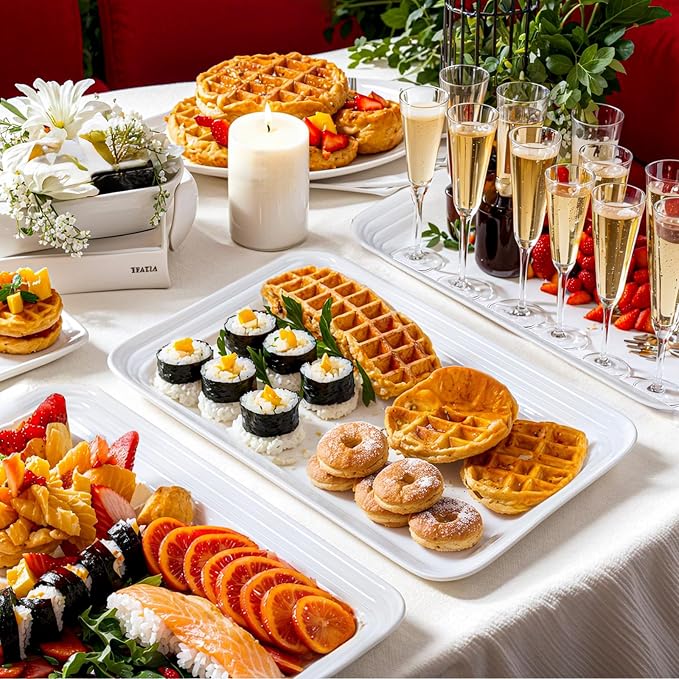 SUT 16" x 11" Large White Serving Trays, 4-Pack Reusable Plastic Platters for Cookies, Appetizers, Charcuterie, Snacks, Desserts and Party Food, Stackable Serving Tray Set