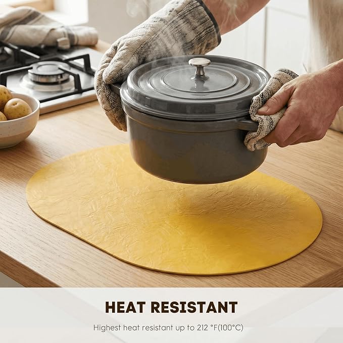 Artoid Mode Yellow Faux Leather Oval Placemats Set of 4, 12 x 18 Inch Waterproof Wipeable Heat Resistant Vinyl Place Mats, Reversible Table Mats for Kitchen Dining Decor