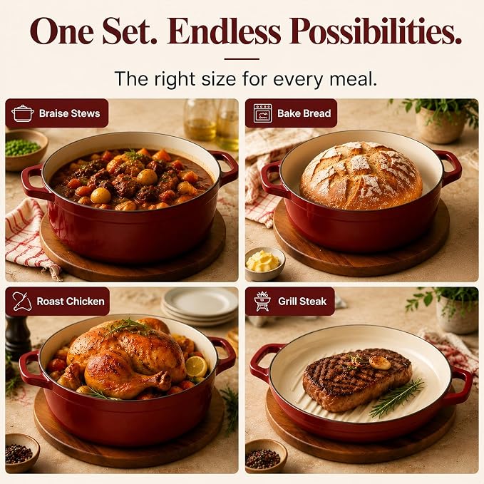 Enameled Cast Iron Dutch Oven Set - 4-Piece 1.3/2.6/4.8Qt Pot with Lids | Cast Iron Cookware Set for Sourdough Bread, Stews, Braising and Roasting, Stackable Space-Saving Design Dutch Oven, Red