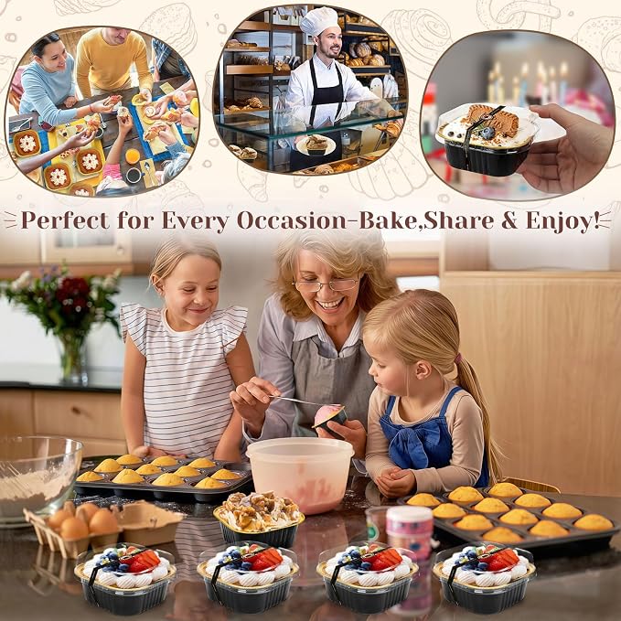 YQER 60 Pack 10oz Mini Cake Pans with Lids, Spoons, Stickers - Disposable Square Brownie Baking Cups - Individual Small Aluminum Foil Loaf Tins for Muffin, Ramekins, Cupcake - Catering, Gift, Black