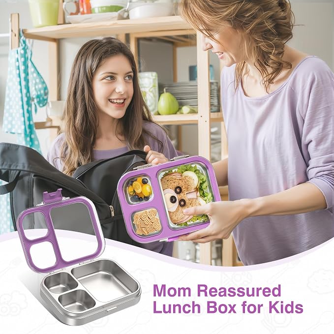 HOMEKOL Stainless Steel Bento Lunch Box, Purple, 3.3Cups | 3-Compartment,Leak-Proof, for Kids & Adults, BPA-Free, Dishwasher Safe, Clear Tritan Lid, 800ml (Not Insulated)