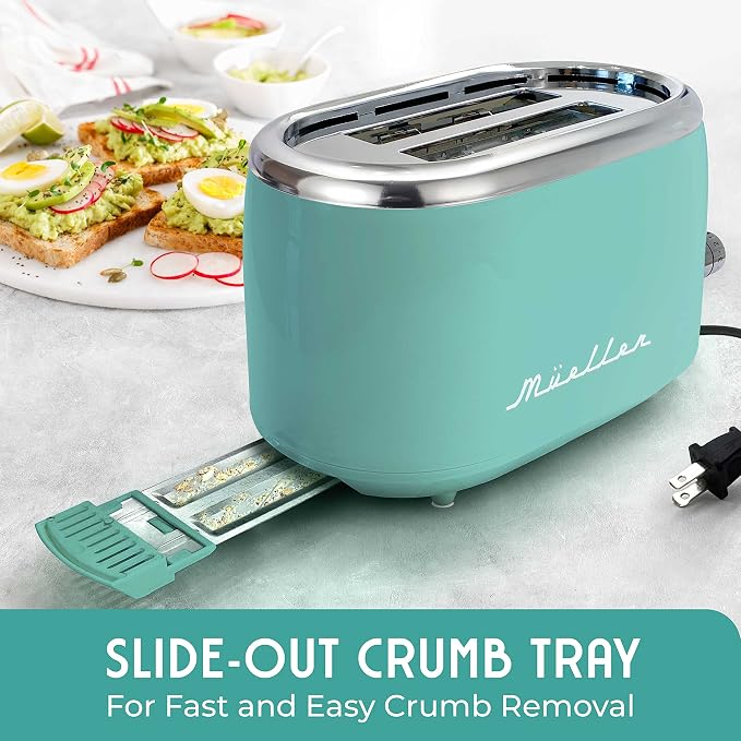 Mueller Retro Toaster 2 Slice with 7 Browning Levels and 3 Functions: Reheat, Defrost & Cancel, Stainless Steel Features, Removable Crumb Tray, Under Base Cord Storage, Turquoise
