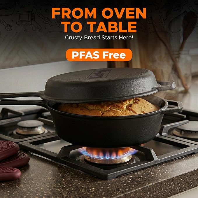 KICHLY Combo Cooker Cast Iron Dutch Oven with Lid 2 in1, PFAS Free Pre-seasoned Multi Cookware Skillet, 3.2QT Cast Iron Pan Dutch Oven Deep Pot with Frying Pan 10.25 Inch, Grill Induction Stovetop Camping