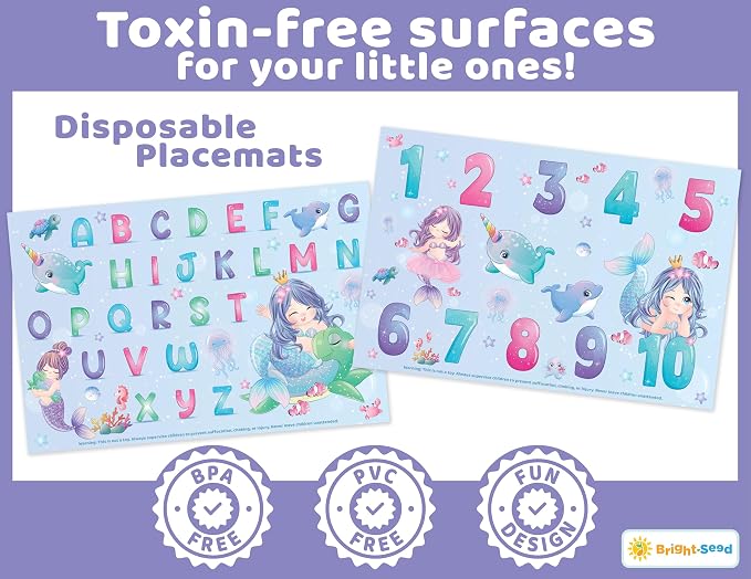 Bright Seed Disposable Placemats for Baby & Toddlers, Learning Mat- Mermaid | 40 Disposable Placemats, ABC, Numbers & Animal Learning, Perfect for Restaurants & Travel, Helps Keep Tables Clean