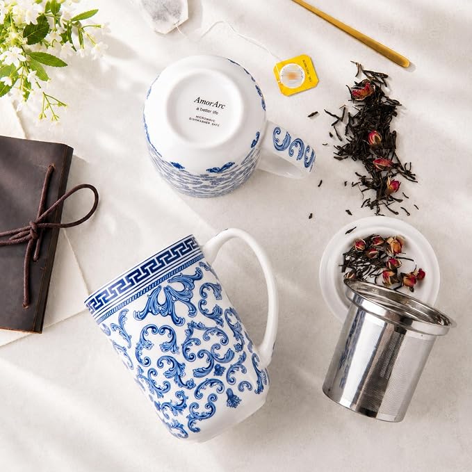 AmorArc Tea Cup With Infuser and Lid, 18oz Loose Leaf Tea Mug With Steeper | Porcelain Tea Mug With Infuser and Lid, Large Strainer Tea Cup with Lid for Tea, Coffee Mug for House-warming Birthday Gift
