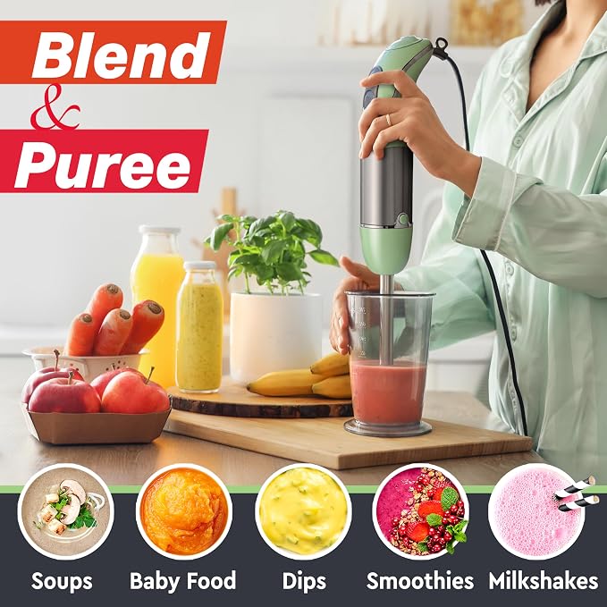 Mueller Multistick 5-in-1 Immersion Blender Handheld, 12-Speed Hand Mixer | Turbo Boost, Heaviest Duty Copper Motor, Titanium Blades Hand Blender, Milk Frother Wand, Whisk, Beaker, Chopper, Green
