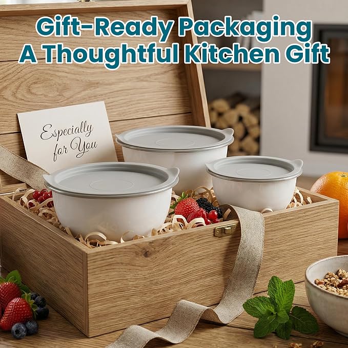 18/8 Stainless Steel Mixing Bowls Set with Lids,1.5,3 & 5 Qt,White | Non-Slip Silicone Base & Measurement Marks, Airtight Food Storage for Baking, Cooking & Meal Prep，Nesting Design