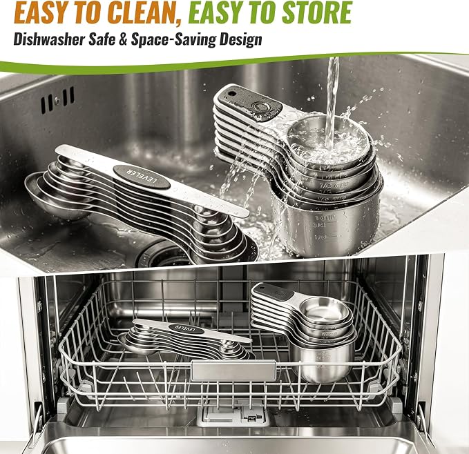 Magnetic Measuring Cups & Spoons Set of 15 | BPA Free,Heavy Duty 304 Stainless Steel,Strong N52 Magnets,Dishwasher Safe with Leveler for Baking and Cooking