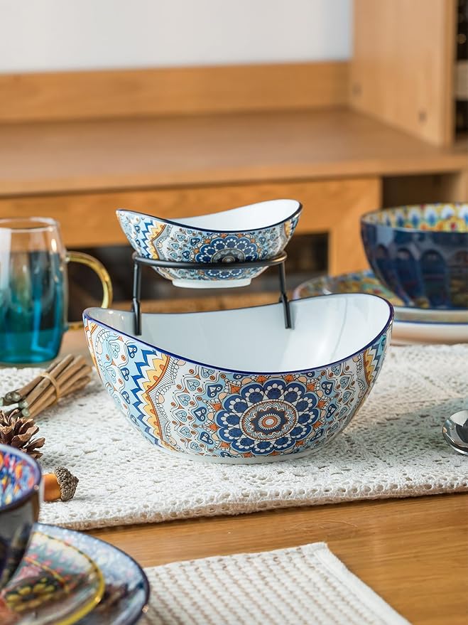 YHOSSEUN Chip and Dip Serving Set, 2 Tierd Serving Bowl Set | Ceramic Chip Dip Bowls Platters with Stand, Serving Dishes for Entertaining Appetizer Serving Food Display Stand for Parties