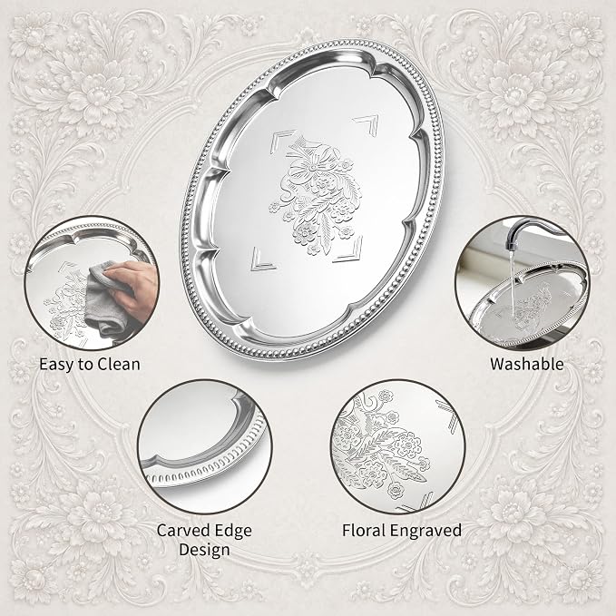 4 Pack Silver Serving Trays Set, Serving Trays for Party | Floral Pattern Engraved Mirror Tray, Tableware Platters for Whiskey, Cookies,Snacks, Desserts, Party Food Display