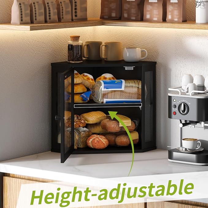 BMOSU Corner Bread Box for Kitchen Countertop Double Layer Bamboo Wooden Bread box Large Capacity Bread Storage Bin(Black, Medium)