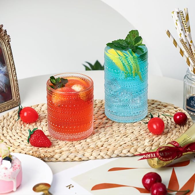Moretoes 4 Pack Hobnail Drinking Glasses Set,Glass Cups | 12 Oz Highball Glasses & 10 Oz Cocktail Glasses, Kitchen Bar Tumbler Glassware Set for Whiskey, Beer, Juice, Milk