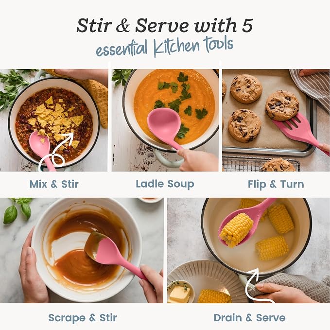 Starpack Stir and Serve Silicone Cooking Utensils Set (5-Piece, 11") - LFGB Non Toxic, 600°F Heat Resistant, BPA-Free - One-Piece Seamless, Dishwasher Safe - for Nonstick Cookware, Earthy Pink